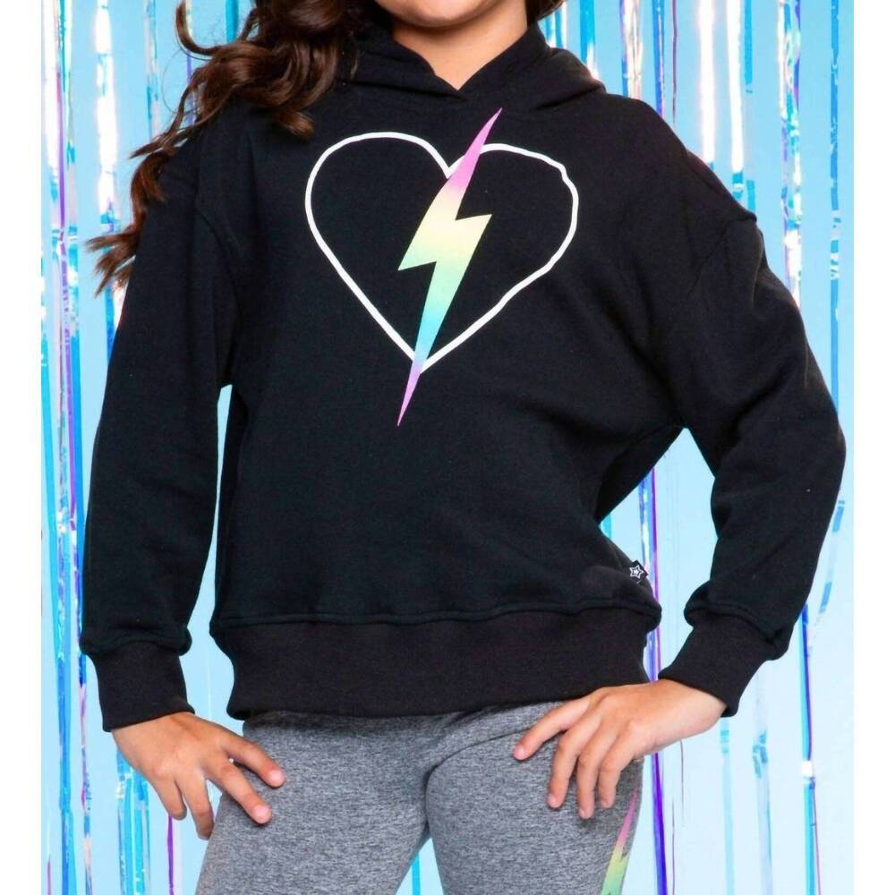 NEW PIXIE LANE soft french terry everyday hoodie in black rainbow heart bolt